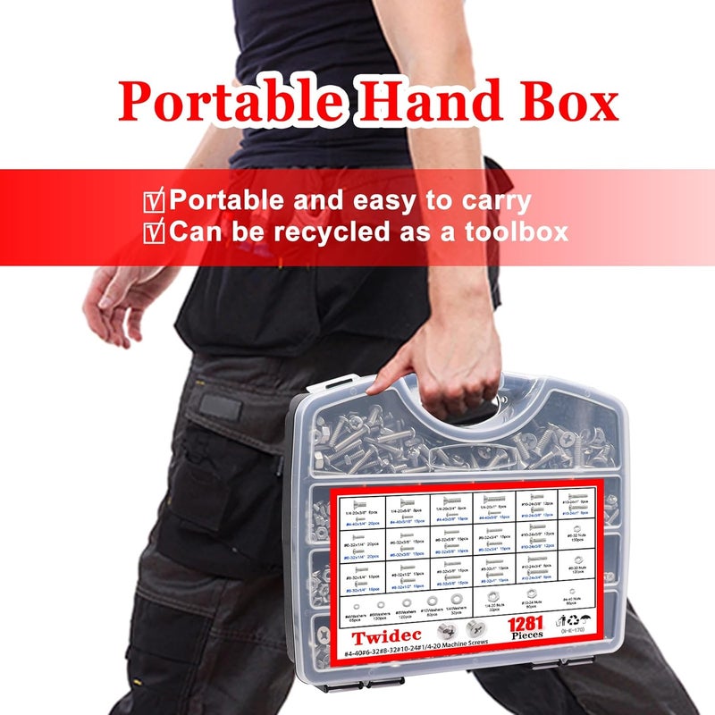 Twidec /1281PCS Nuts and Bolts Assortment Kit,Machine Screws,304 Stainless Steel Phillips Pan Head and Flat Head Screws #4-40#6-32#8-32#10-24#1/4-20 with Nuts, Bolts,Washers in the Storage Case - Image 2